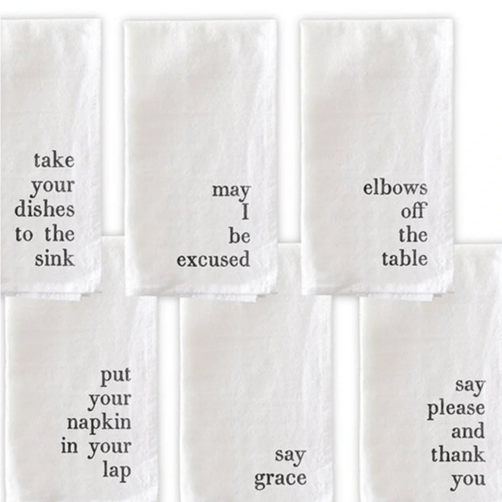 White Cotton Fabric set of 6 Napkins. With funny sayings. Will make you laugh 😆